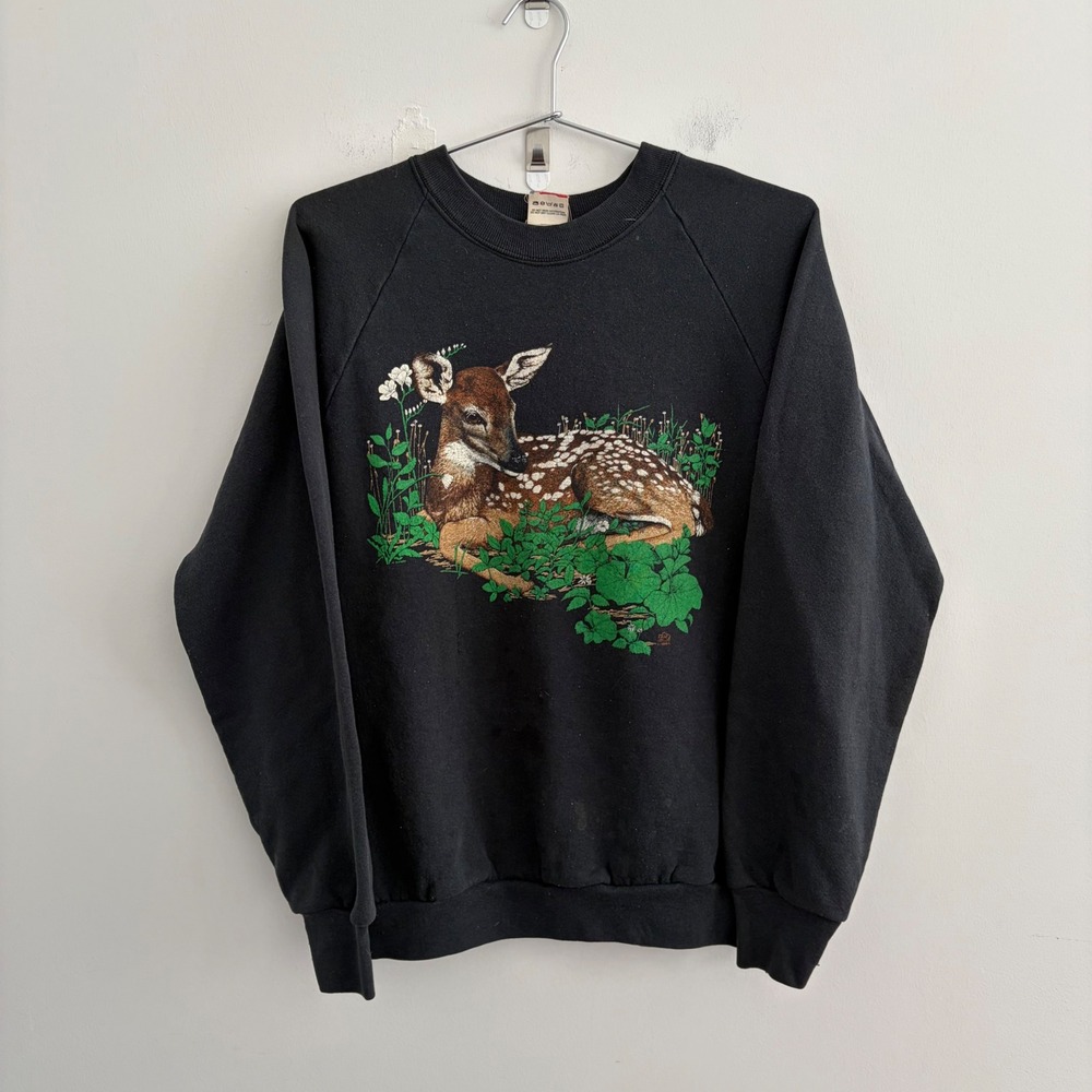 Vintage Fruit of the Loom Fawn Deer Graphic Sweatshirt Black Large Made in USA